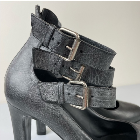 J Crew Loxley Buckle Platform Leather Heels Size 6.5 Black Gray Distressed Italy - Picture 7 of 9
